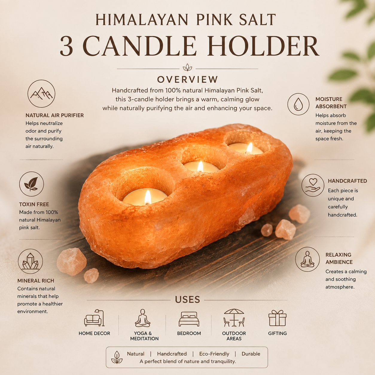 Himalayan Pink Salt 3-Candle Holder – Natural Decorative Tealight Holder