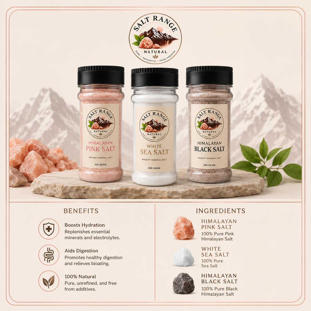 Salt Range Natural Premium Salt Collection | Himalayan Pink, Black & White Sea Salt – 200g