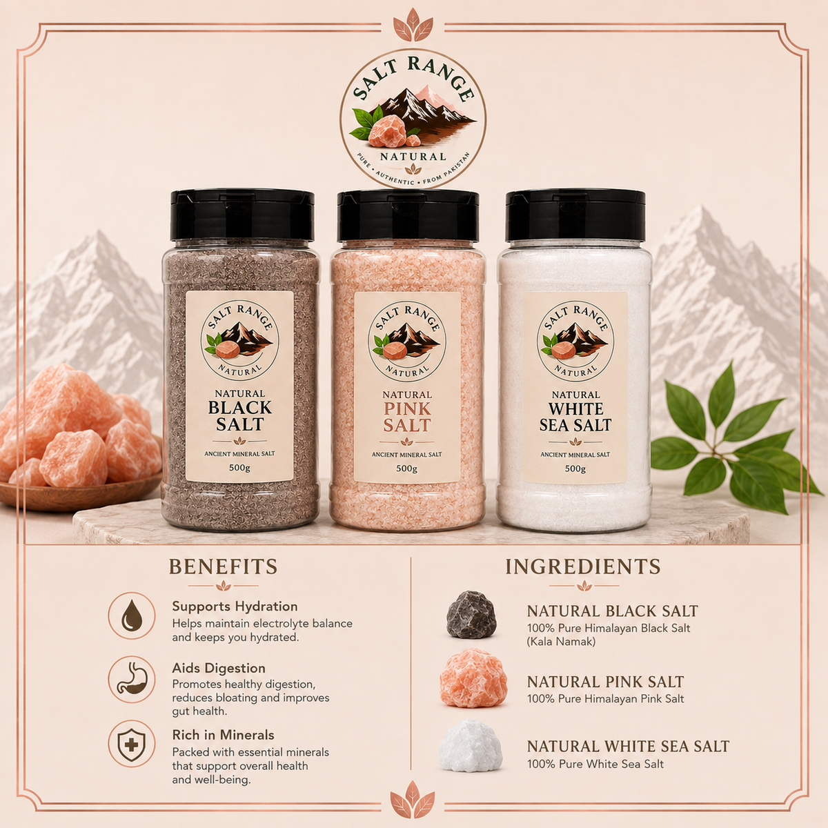 Salt Range Natural Premium Salt Collection – Himalayan Black, Pink & White Sea Salt | 500g