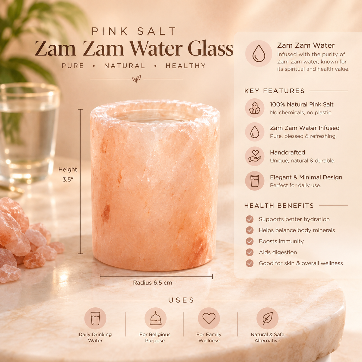 Himalayan Pink Salt Zam Zam Water Glass