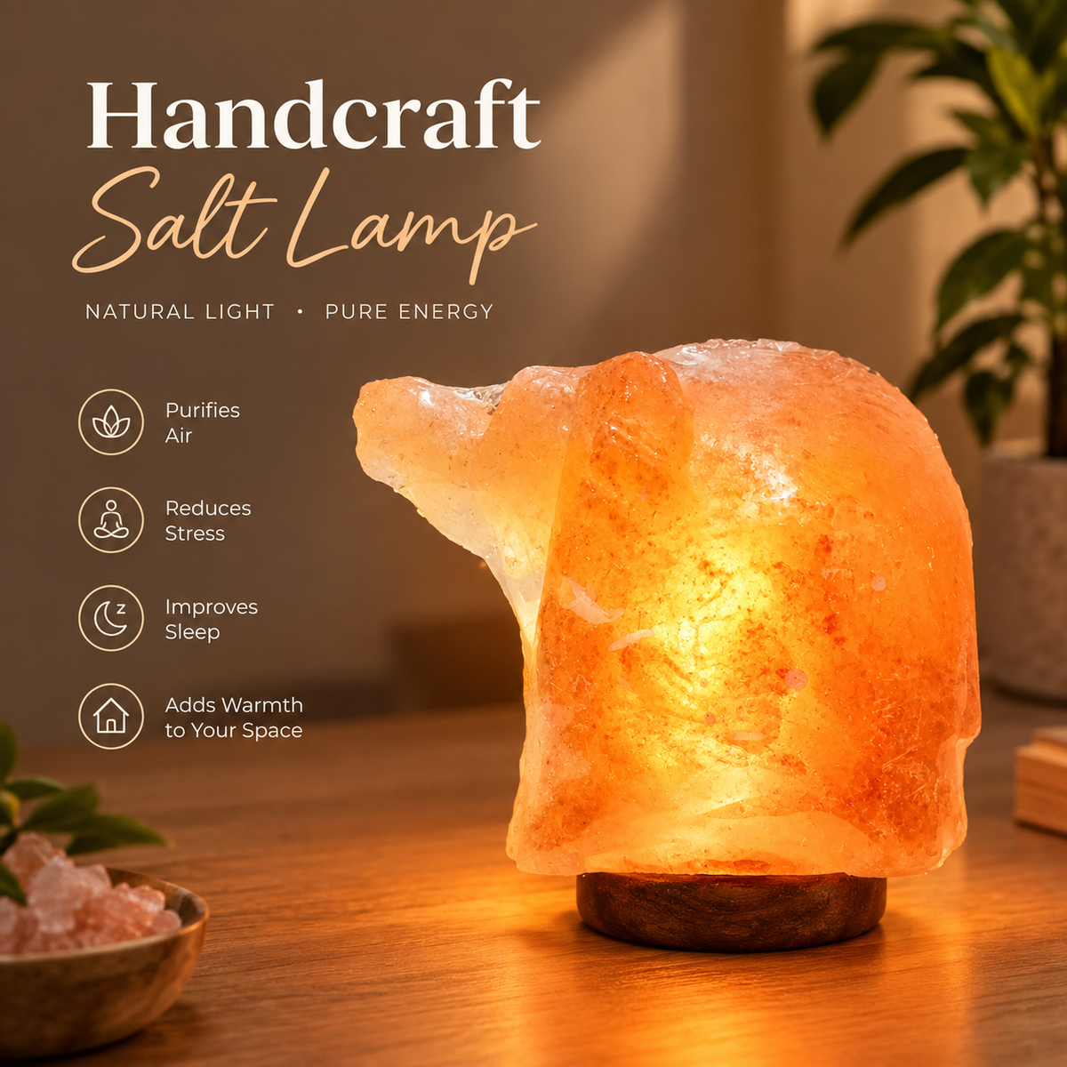 Handcrafted Himalayan Pink Salt Elephant Lamp | Natural Crystal Design
