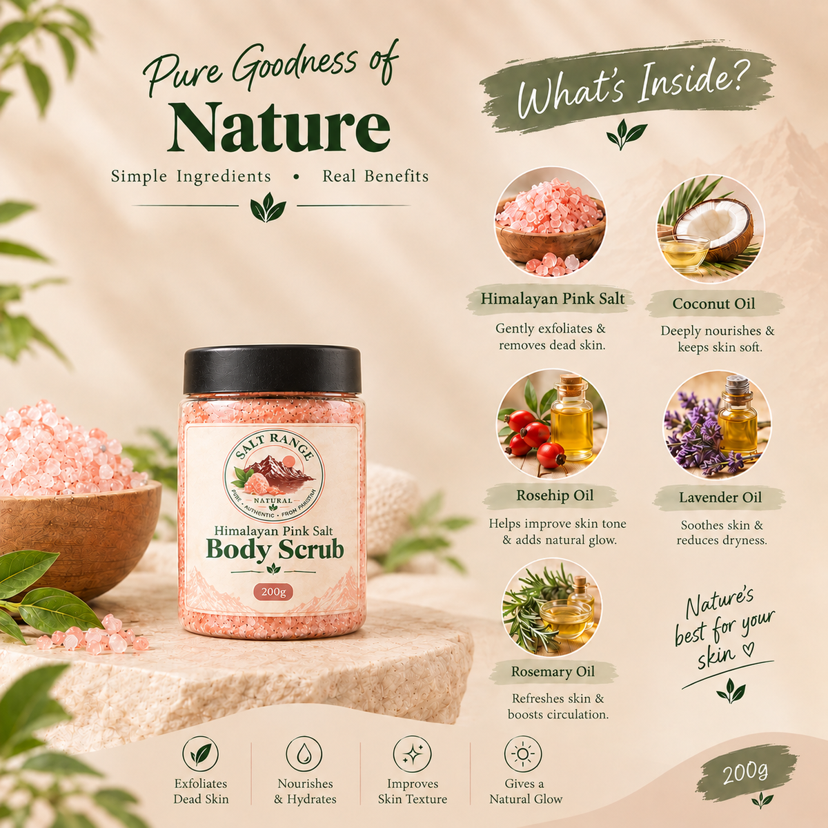 Himalayan Pink Salt Body Scrub | Natural Exfoliating & Nourishing Scrub – 500 g/200g