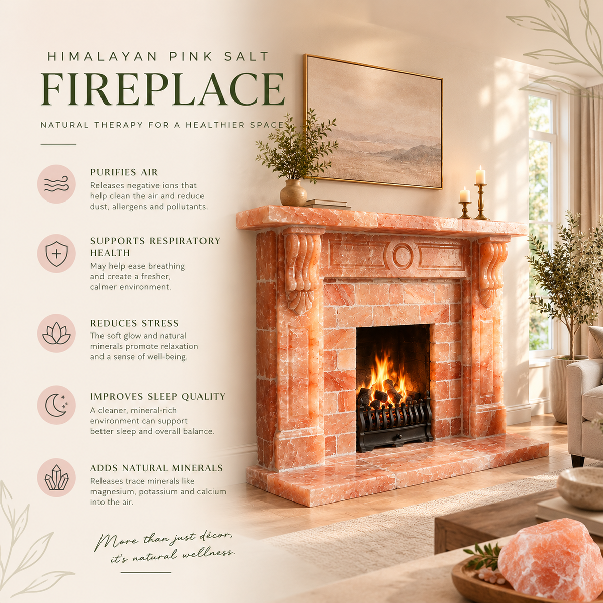 Victorian Style Fireplace Made with Himalayan Pink Salt-Made on Order 4 ft height